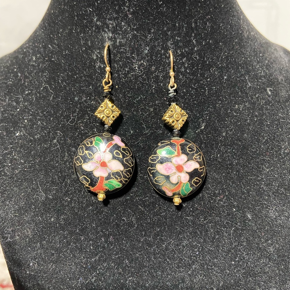 Cloisonné Pierced Earrings, Double Sided Dangle with a Lotus on the Cloisonné - Picture 3 of 4
